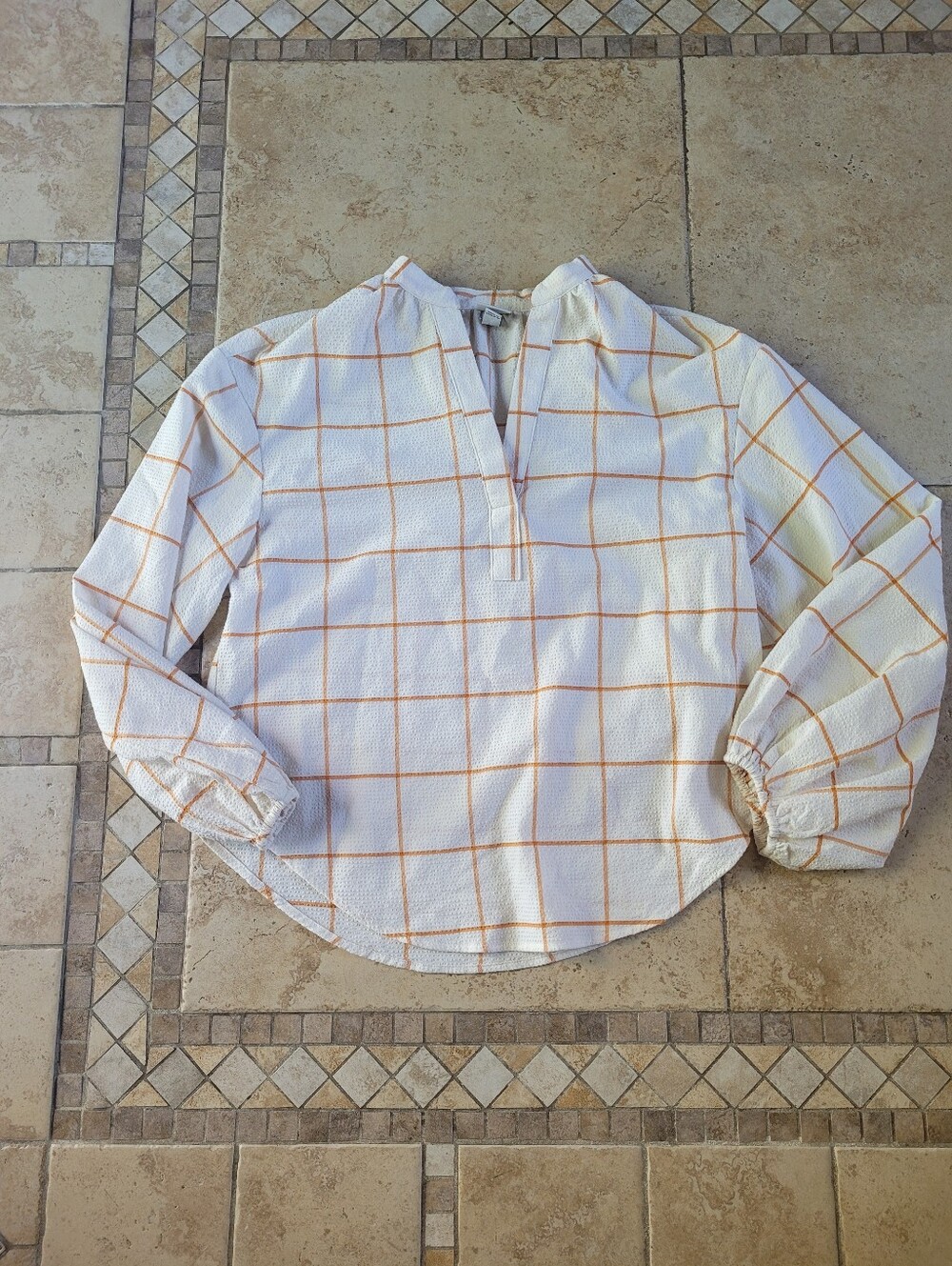 a new day White Top with Light Orange Windowpane Blouse